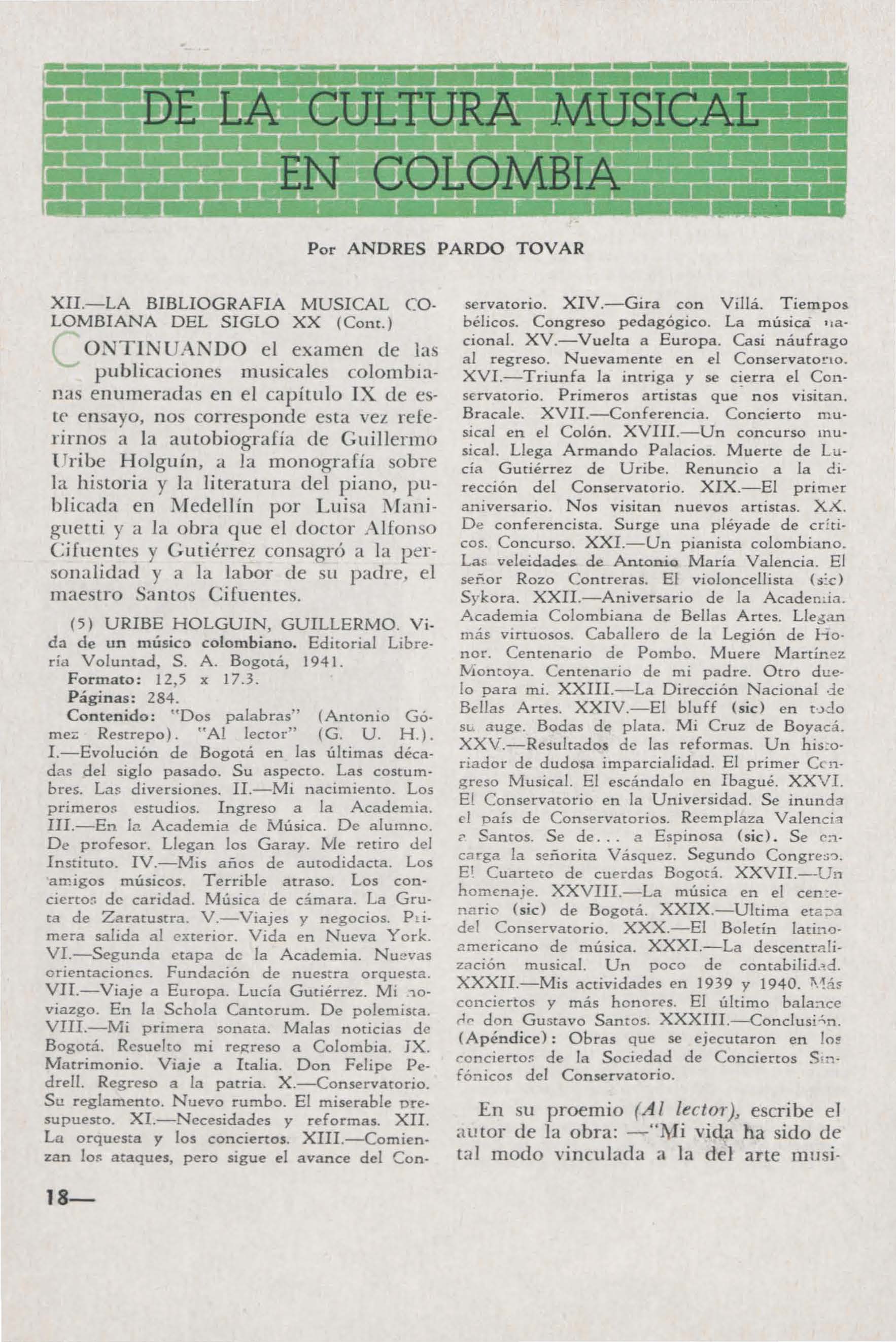 Duodécima entrega del texto La cultura musical en Colombia, escrito por Andrés Pardo Tovar.