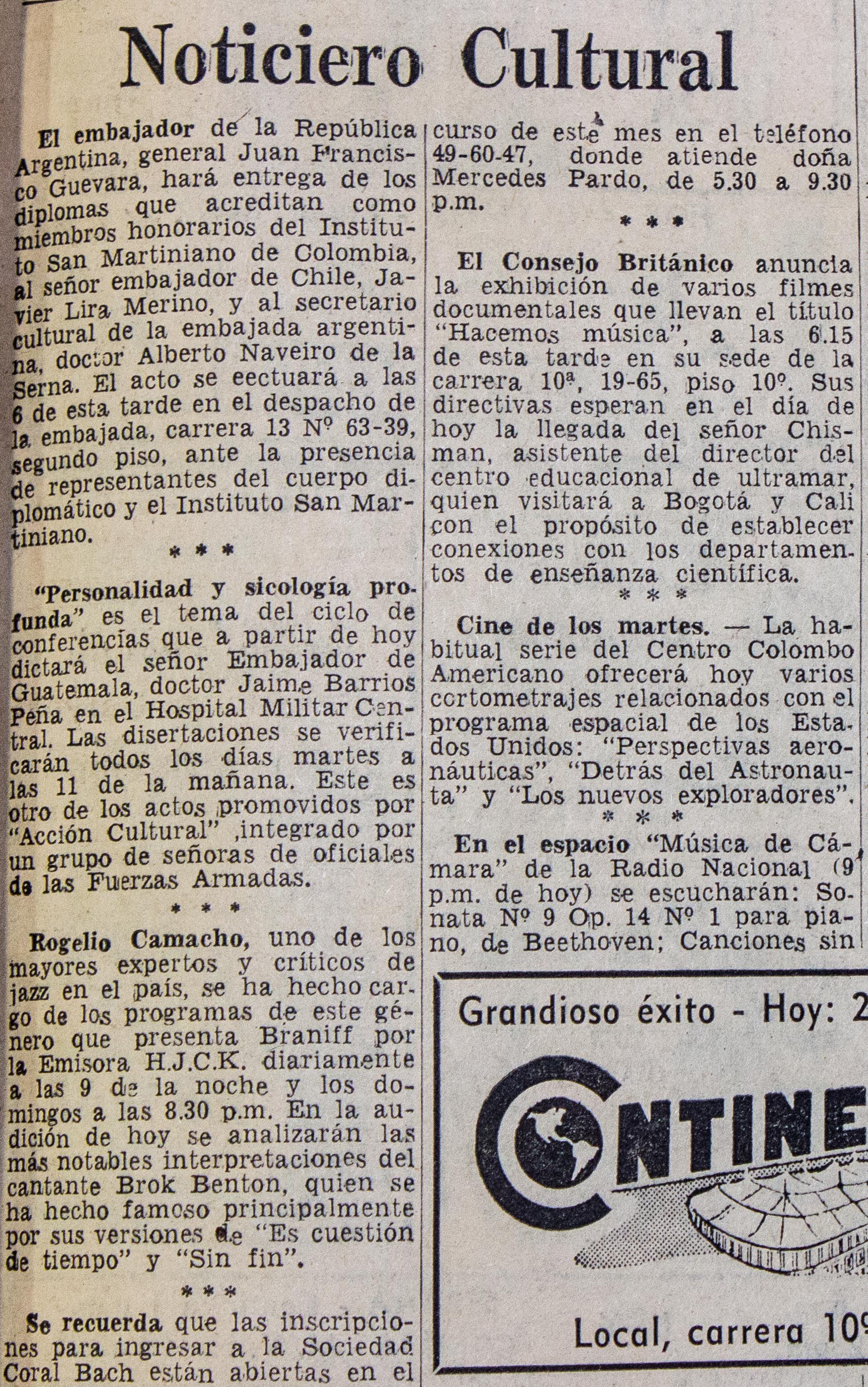 Breve mención sobre el espacio "Música de Cámara", que se transmite a las 9 p.m. de ese día martes 11 de febrero