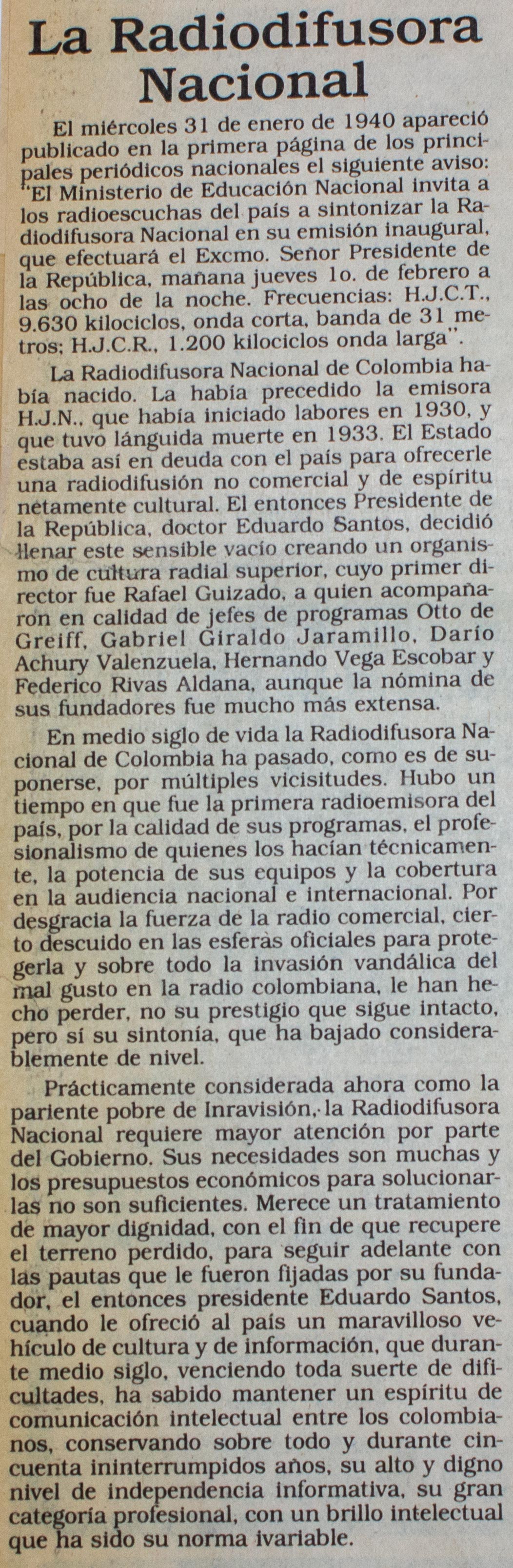 Cincuenta años de la Radiodifusora Nacional de Colombia