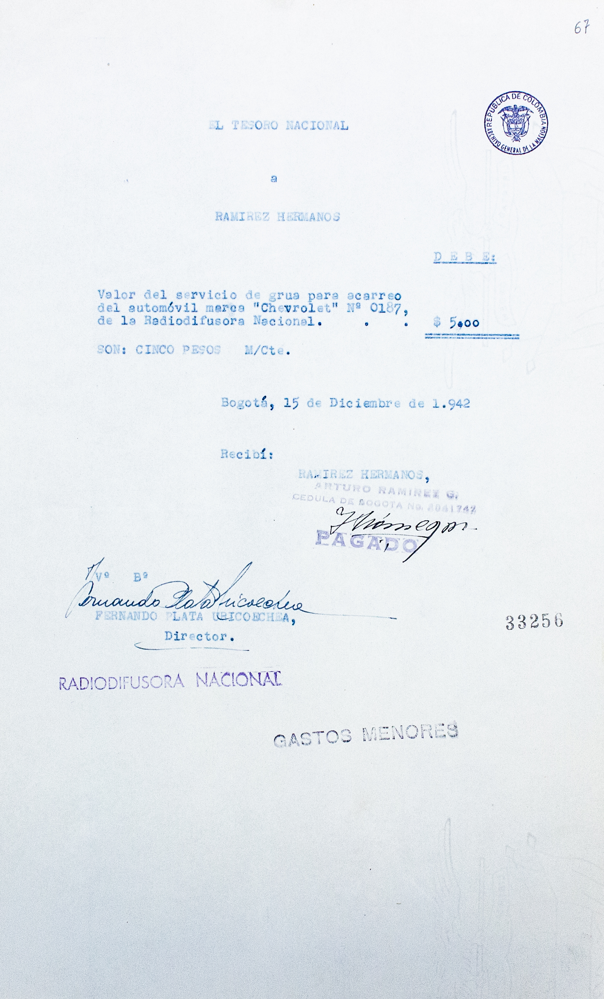 Pago a Ramírez Hermanos por acarreo de automóvil, 1942 Pago a Ramírez Hermanos por acarreo de automóvil, 1942