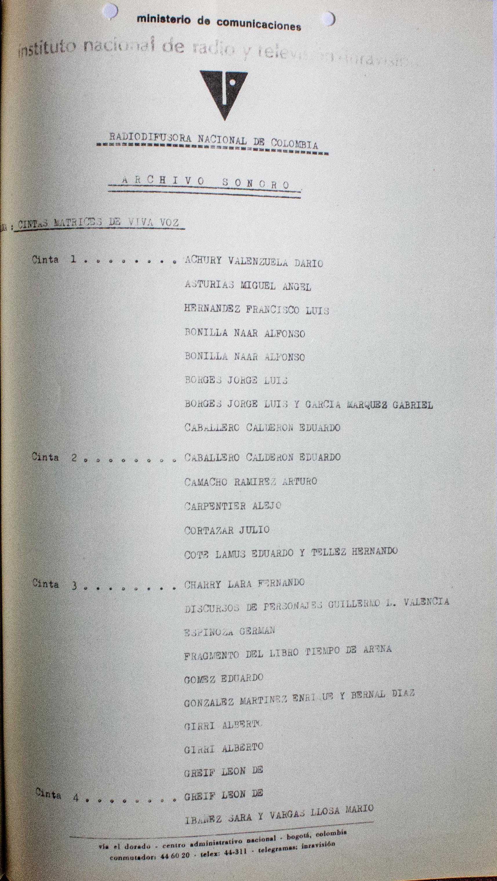 Relación de material sonoro existente. Grabaciones en diversos tipos de cinta y en disco de acetato de 16 pulgadas. 