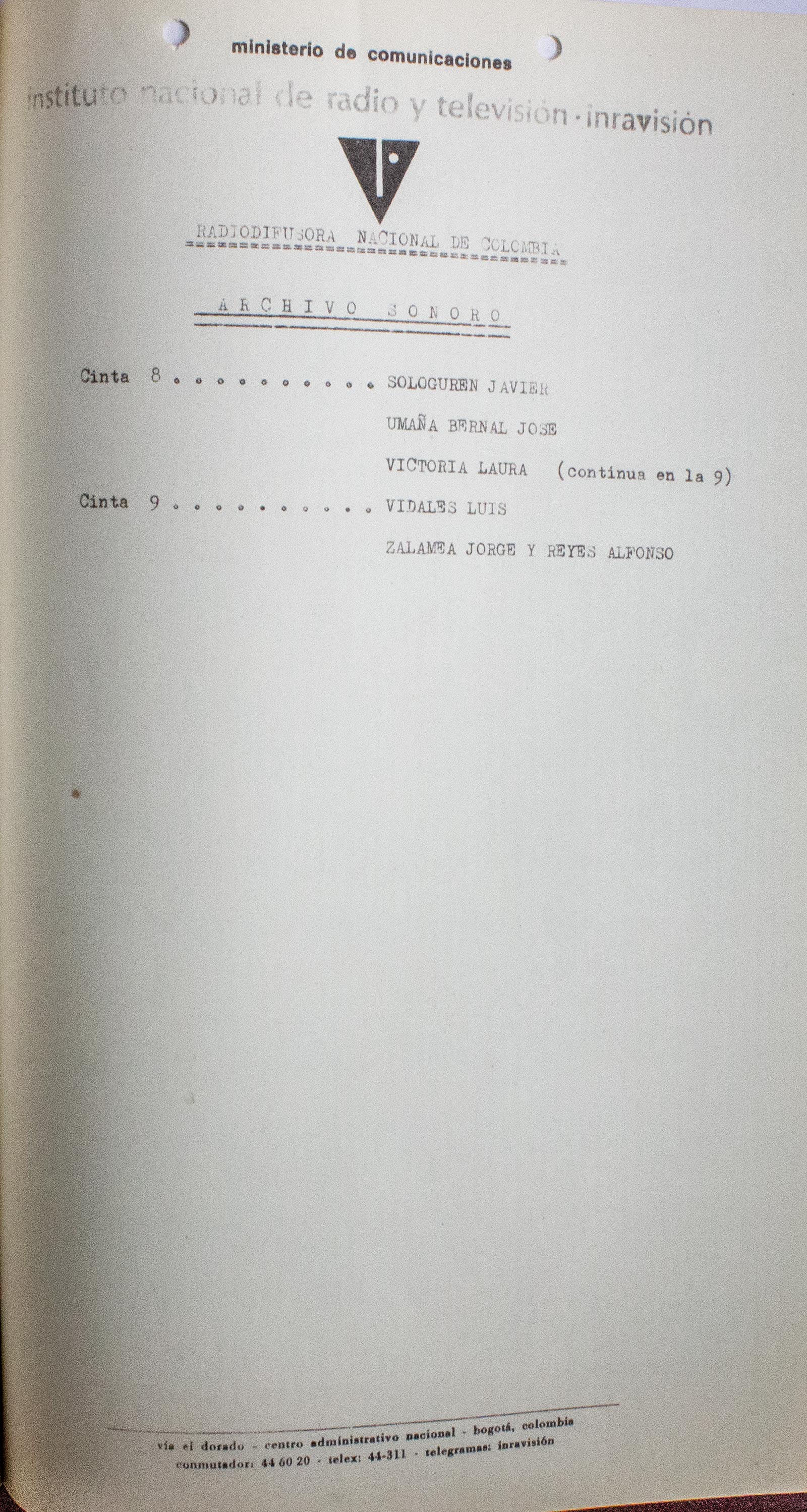 Relación de material sonoro existente. Grabaciones en diversos tipos de cinta y en disco de acetato de 16 pulgadas. 