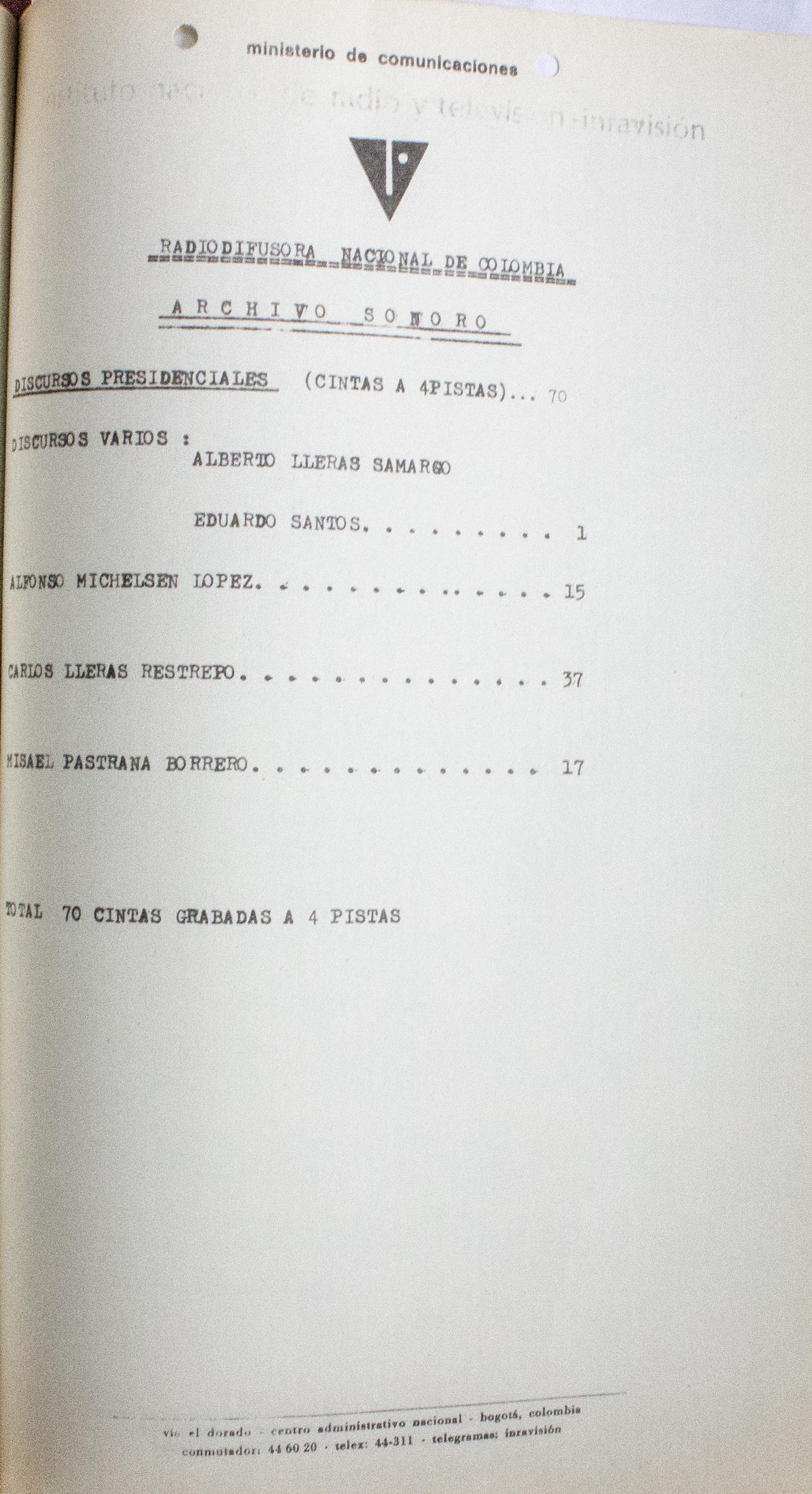 Relación de material sonoro existente. Grabaciones en diversos tipos de cinta y en disco de acetato de 16 pulgadas. 