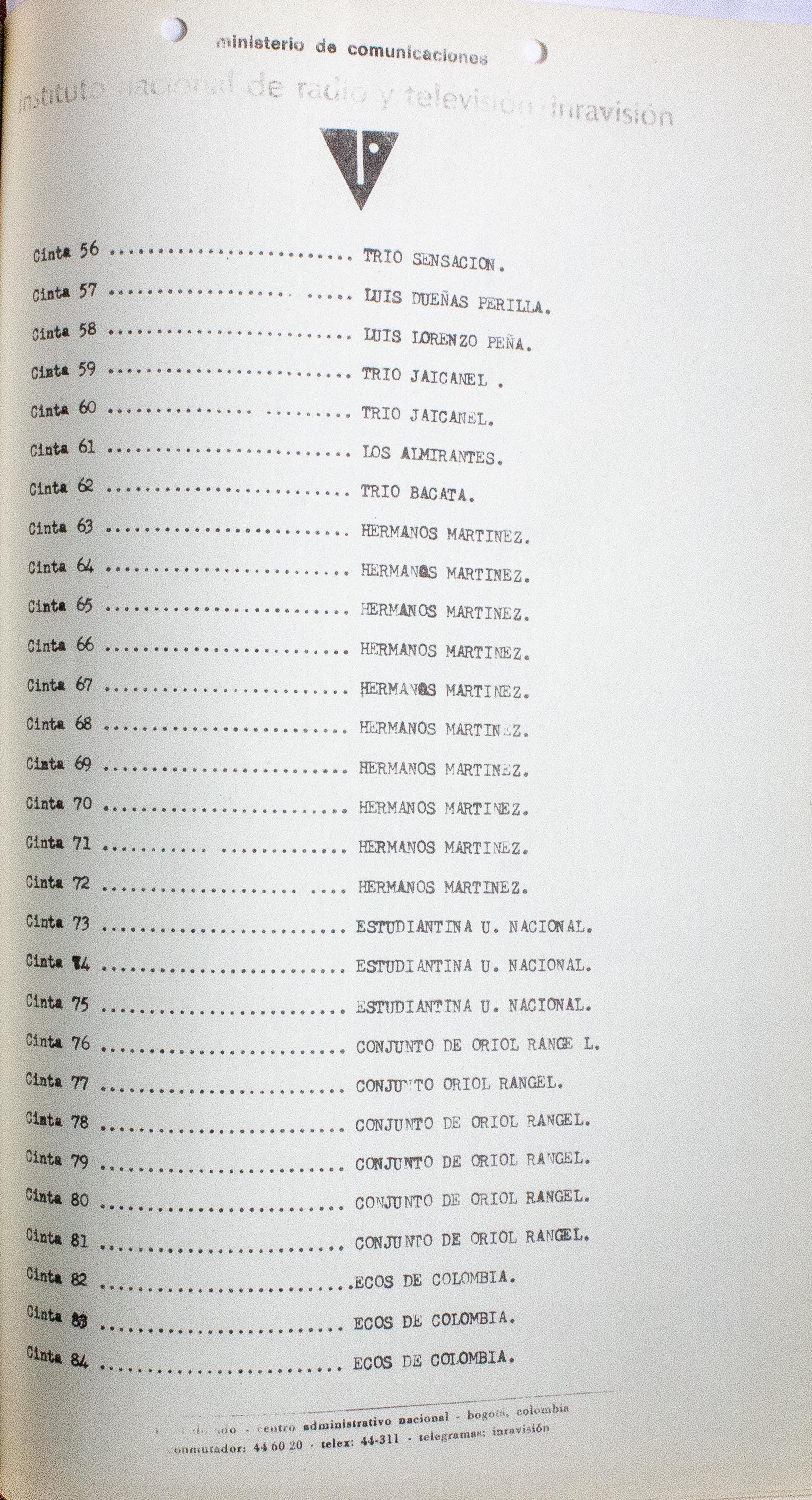 Relación de material sonoro existente. Grabaciones en diversos tipos de cinta y en disco de acetato de 16 pulgadas. 
