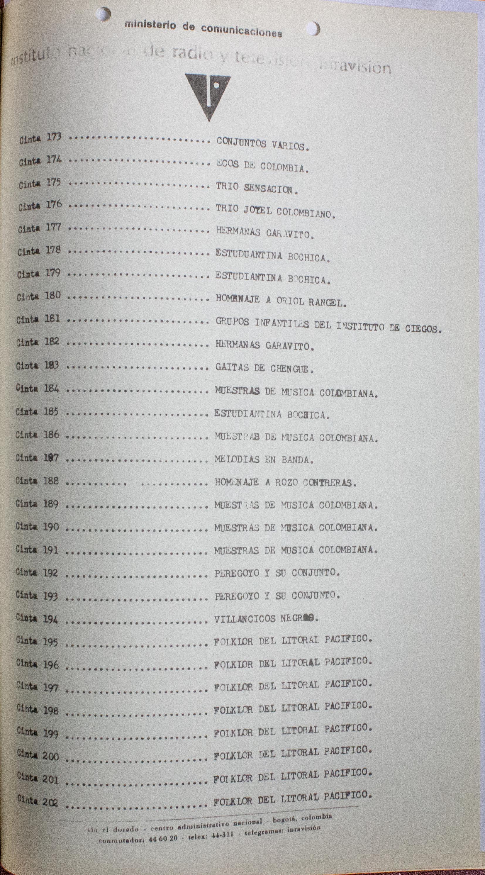 Relación de material sonoro existente. Grabaciones en diversos tipos de cinta y en disco de acetato de 16 pulgadas. 