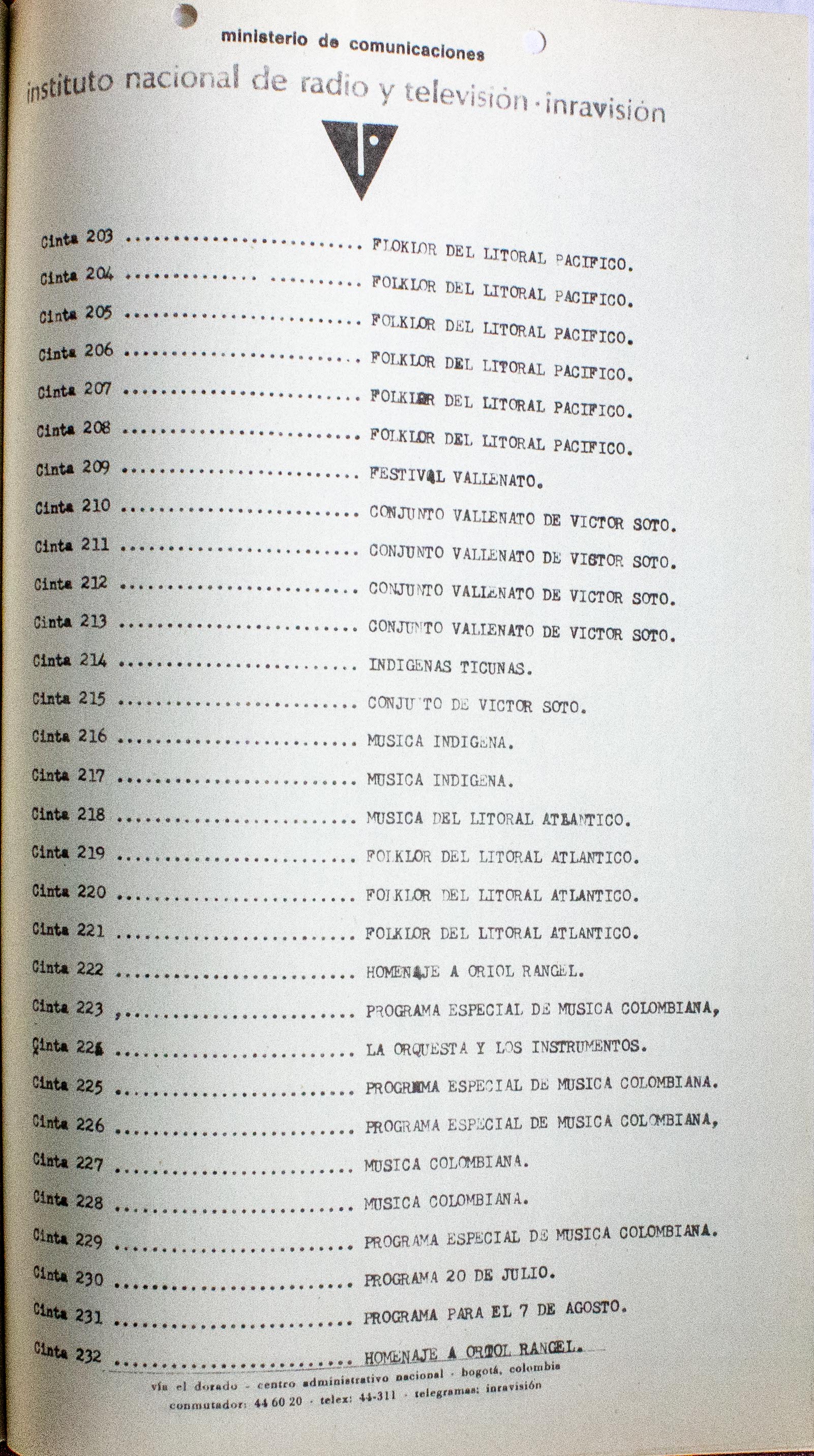 Relación de material sonoro existente. Grabaciones en diversos tipos de cinta y en disco de acetato de 16 pulgadas. 
