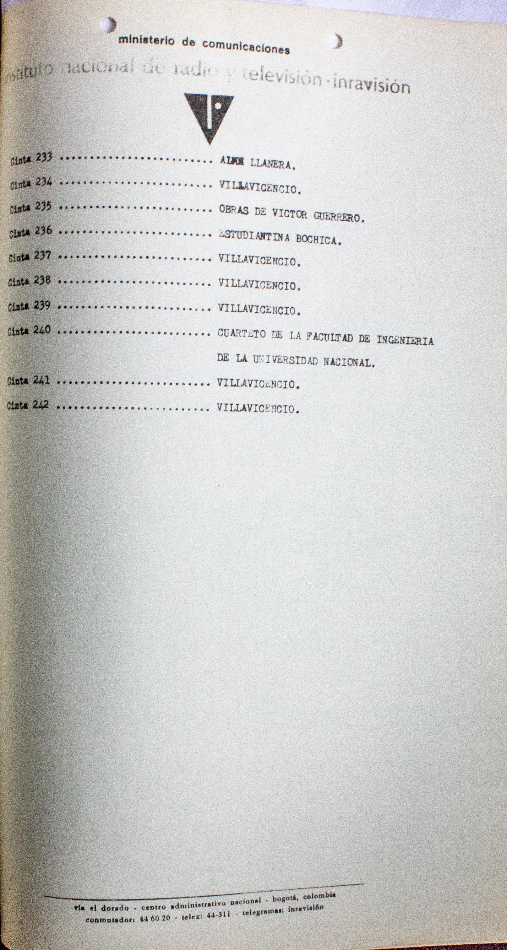 Relación de material sonoro existente. Grabaciones en diversos tipos de cinta y en disco de acetato de 16 pulgadas. 