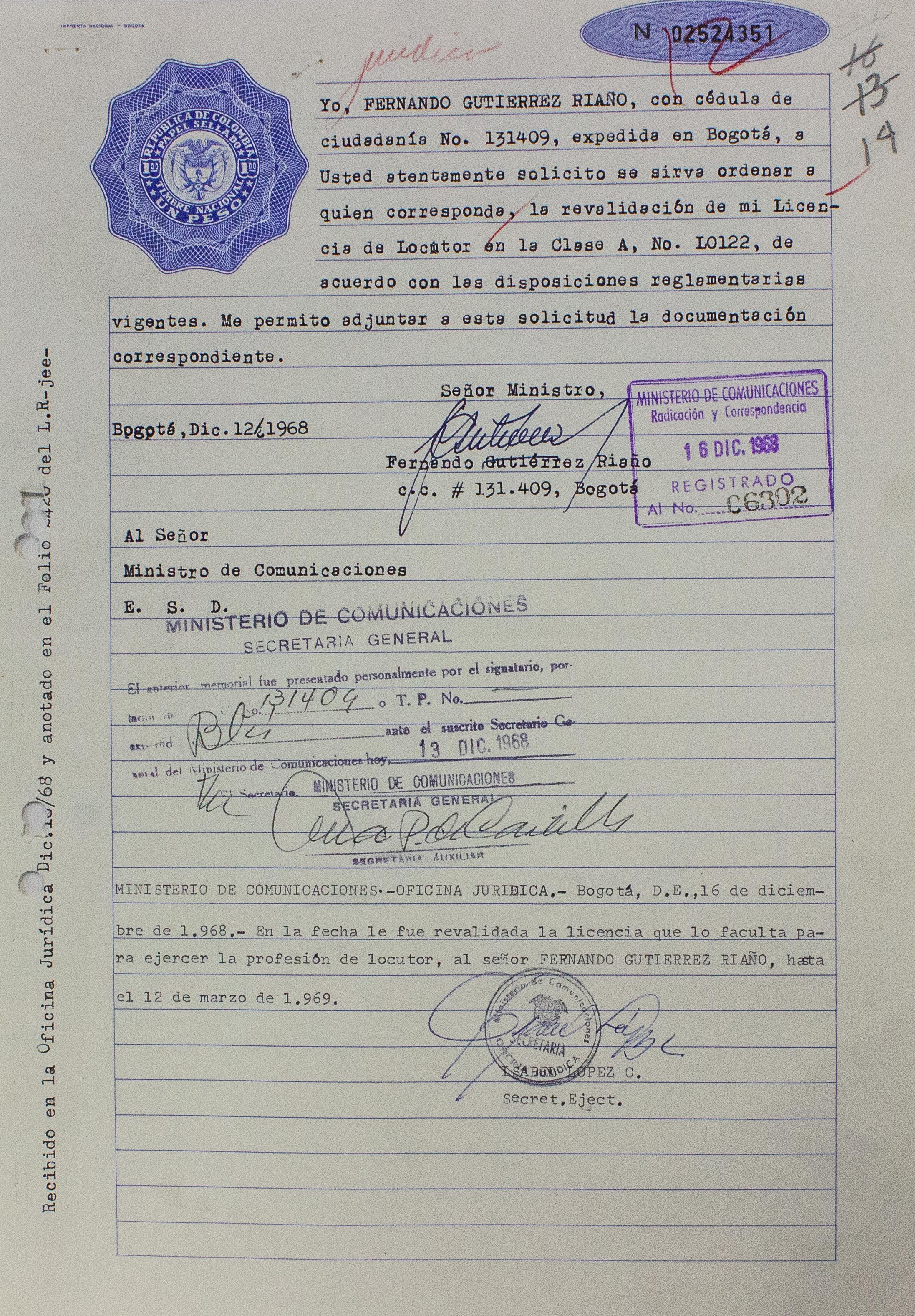 Licencia de locución de primera clase de Fernando Gutiérrez Riaño. Licencia de locución de primera clase de Fernando Gutiérrez Riaño.