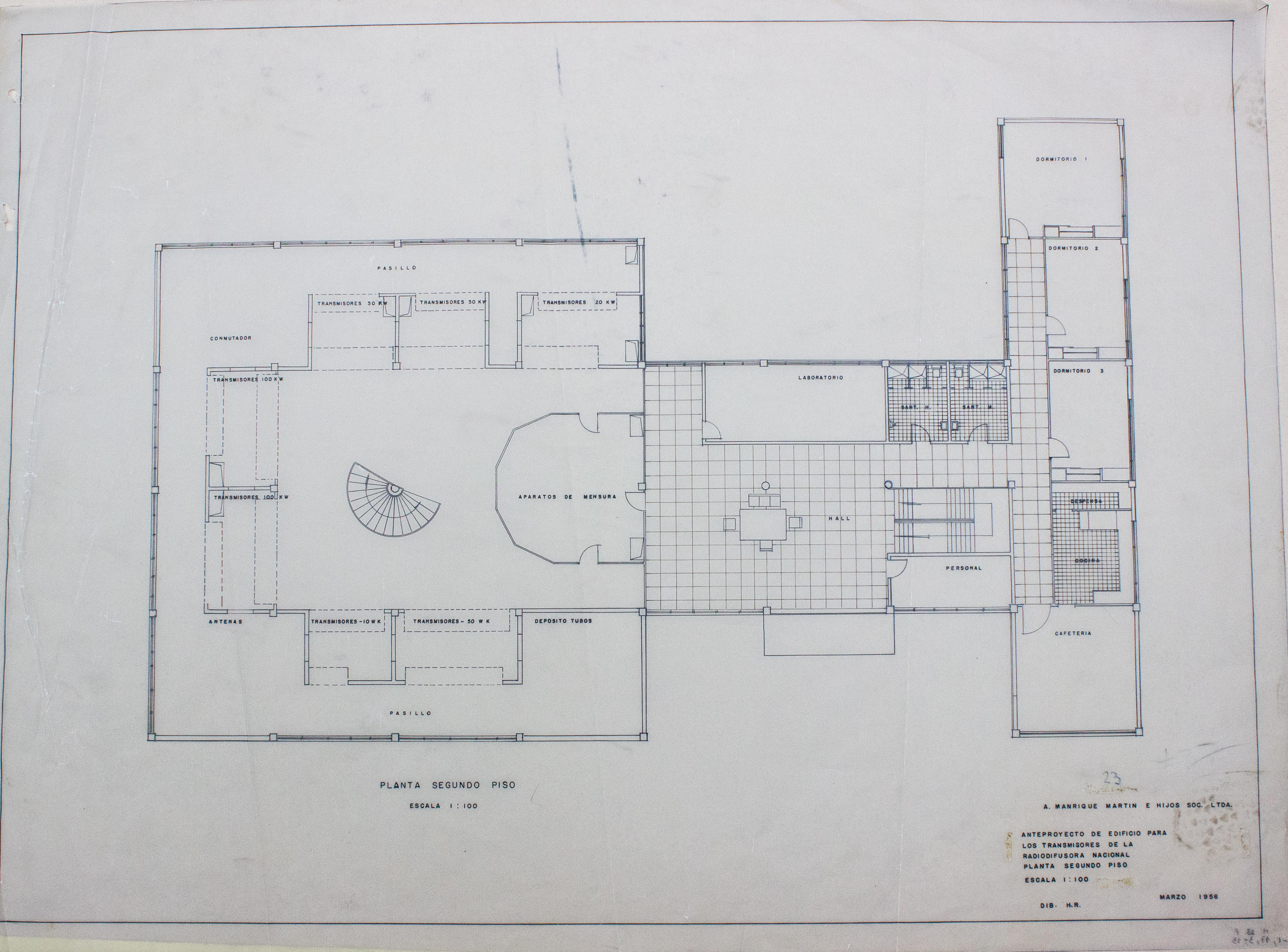 Anteproyecto Edificio para los transmisores de Radio Nacional de Colombia, planta del segundo piso. 1956 Anteproyecto Edificio para los transmisores de Radio Nacional de Colombia, planta del segundo piso. 1956