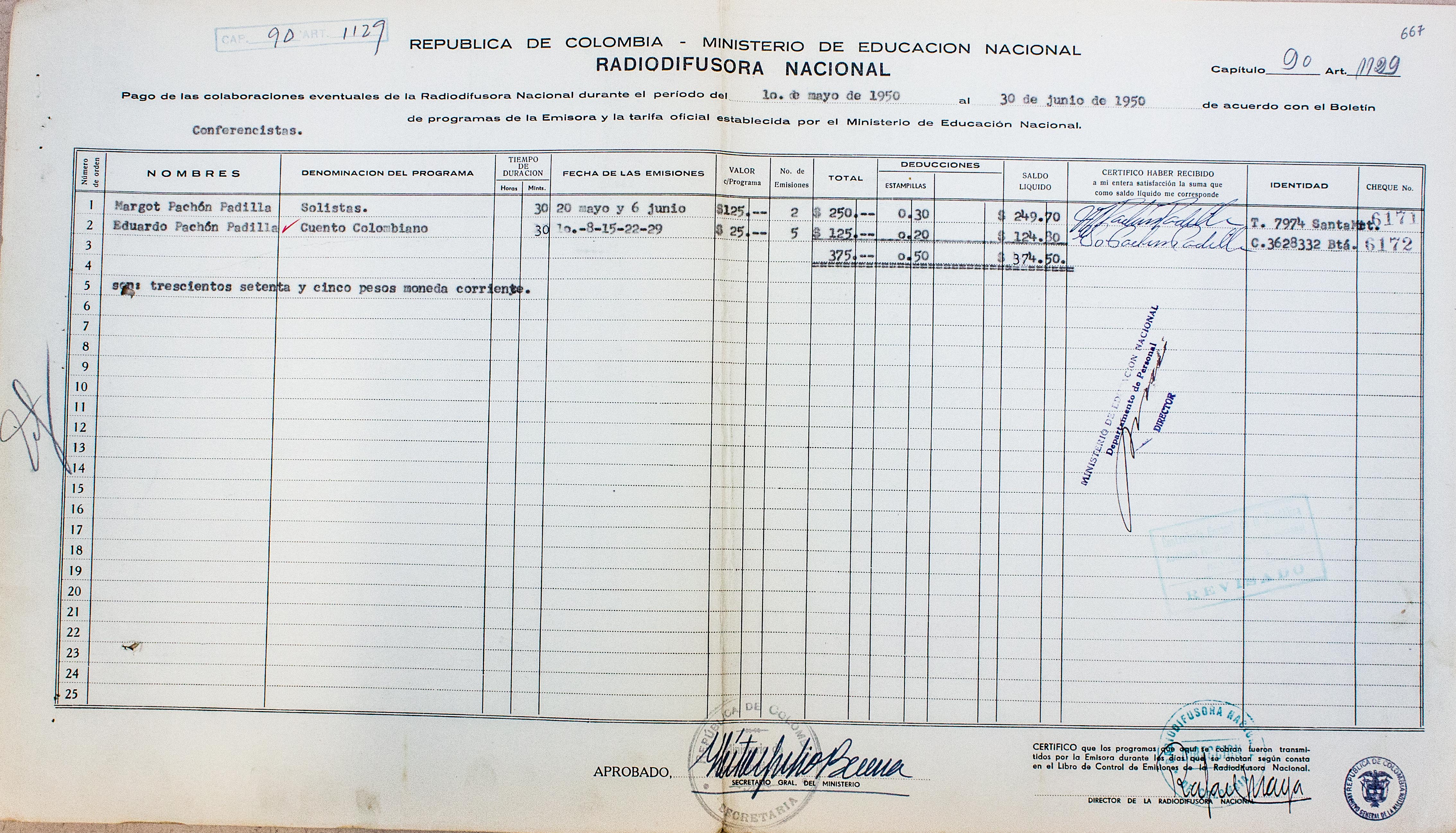 Pago de la Radio Nacional al escritor Eduardo Pachón Padilla y a la sopramo Margot Pachón Padilla. 1950. Pago de la Radio Nacional al escritor Eduardo Pachón Padilla y a la sopramo Margot Pachón Padilla. 1950.