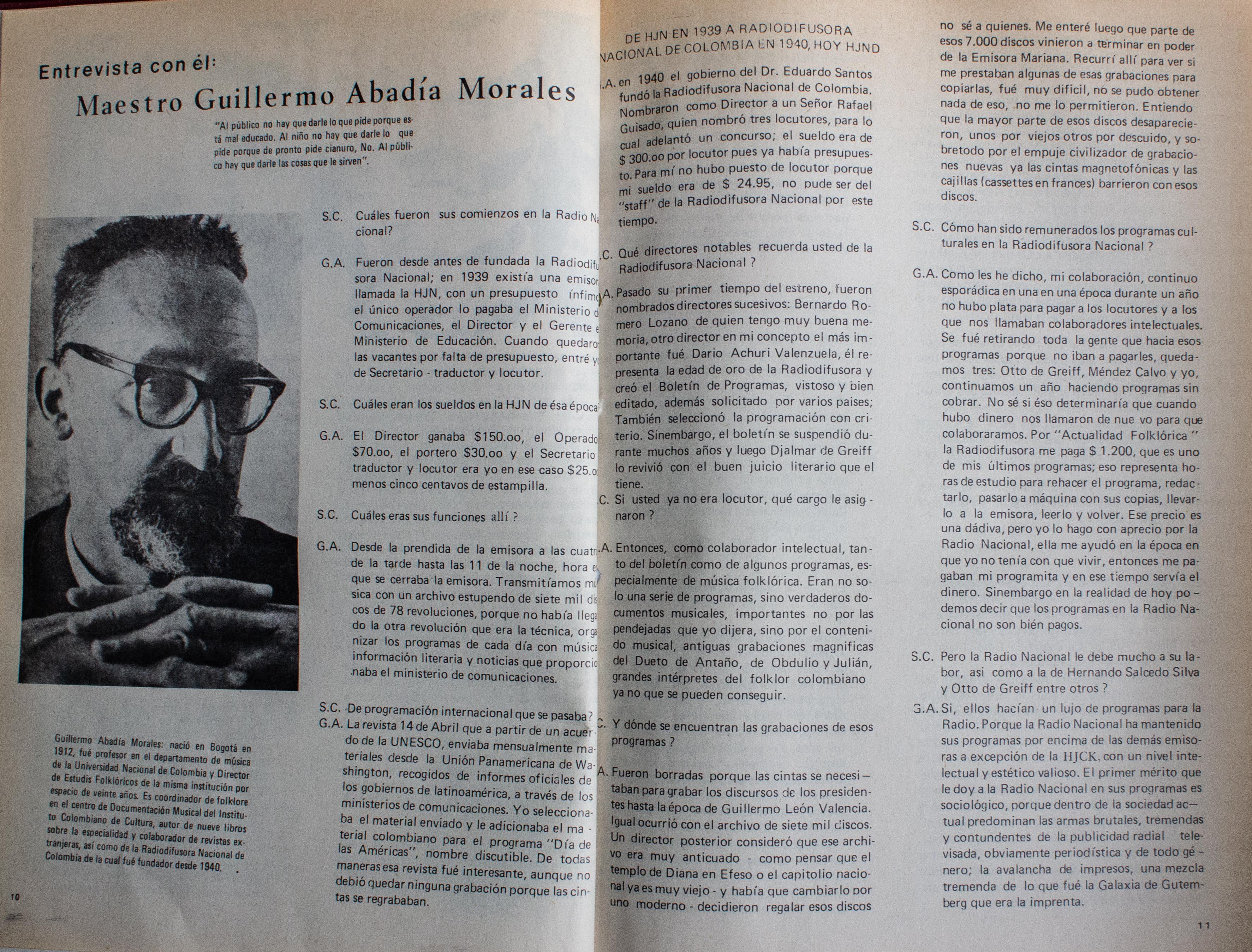 Nota de prensa "Entrevista con el maestro Guillermo Abadía Morales". 1987 Nota de prensa "Entrevista con el maestro Guillermo Abadía Morales". 1987