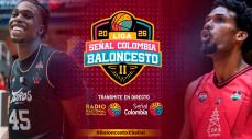 Play-In de la Liga Señal Colombia de Baloncesto 2026-II, con jugadores del campeonato y el logo oficial de la competencia.
