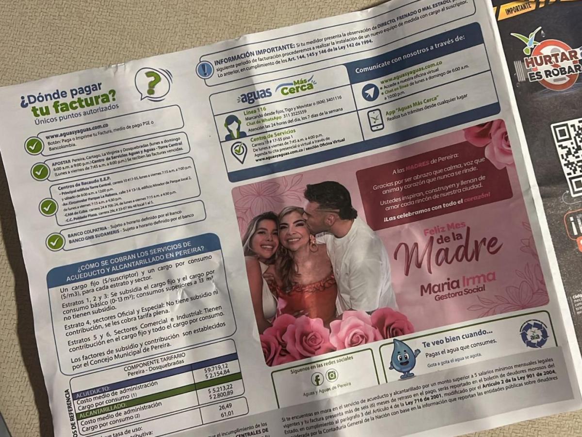 Factura de acueducto en Pereira con imagen de primera dama polémica