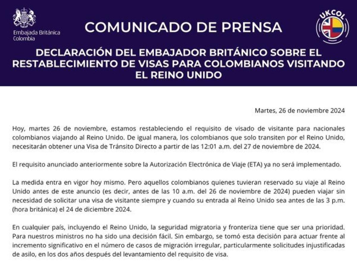 Por qué Reino Unido pedirá visa a colombianos