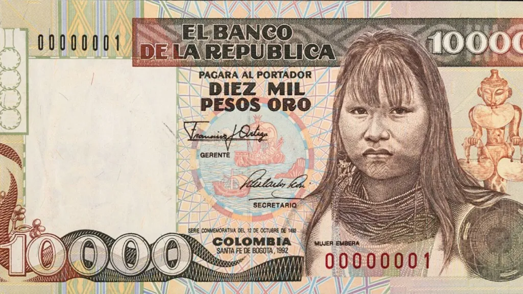 Imagen del primer billete colombiano de 10 mil pesos