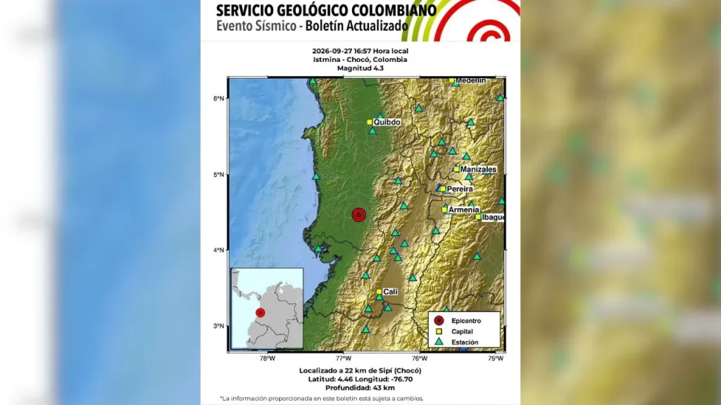 Temblor de magnitud 4,3 se registró este domingo en Istmina, Chocó. Conozca la hora, profundidad y detalles reportados por el SGC.