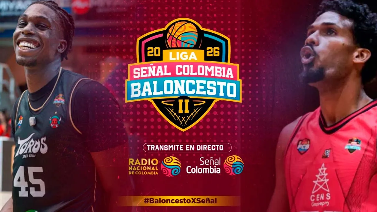Play-In de la Liga Señal Colombia de Baloncesto 2026-II, con jugadores del campeonato y el logo oficial de la competencia.