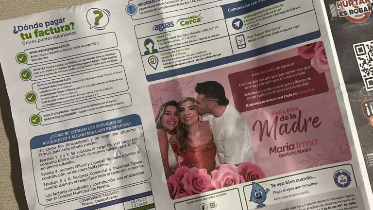 Factura de acueducto en Pereira con imagen de primera dama polémica