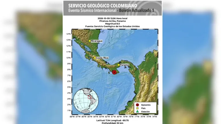 Un sismo de magnitud 8 y 33 kilómetros de profundidad fue reportado en Panamá este viernes 9 de octubre, según información del Servicio Geológico Colombiano.